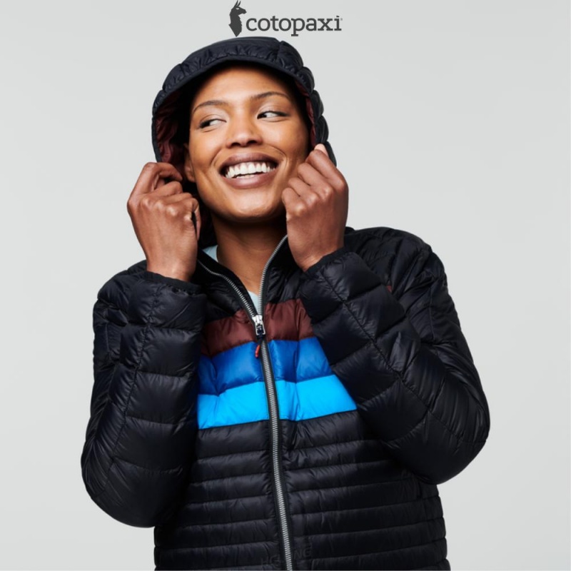 Cotopaxi Fuego Hooded Down Jacket Black/Chestnut Stripes | CR93-F4-VN